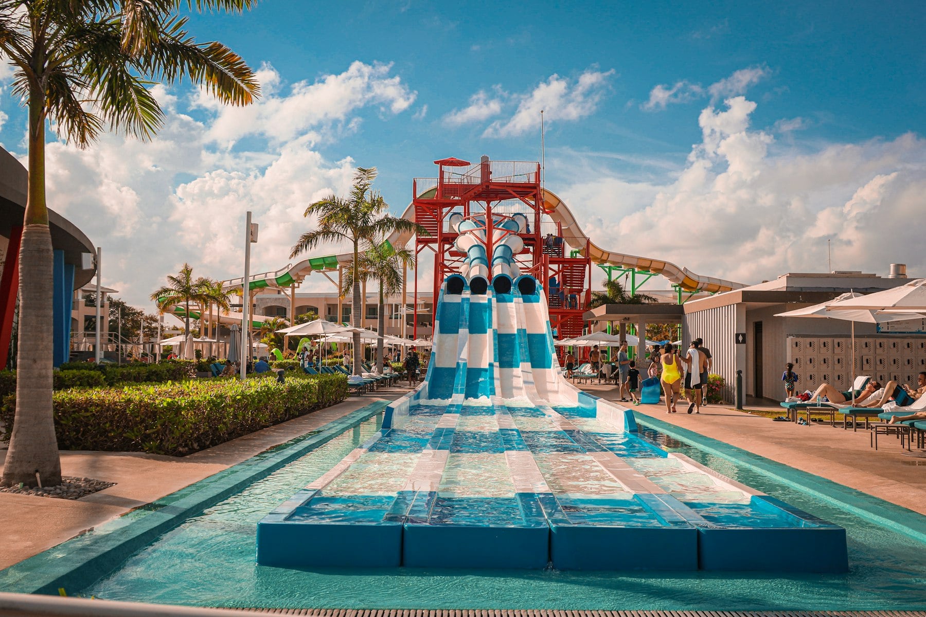 Slides and palm trees in a water park