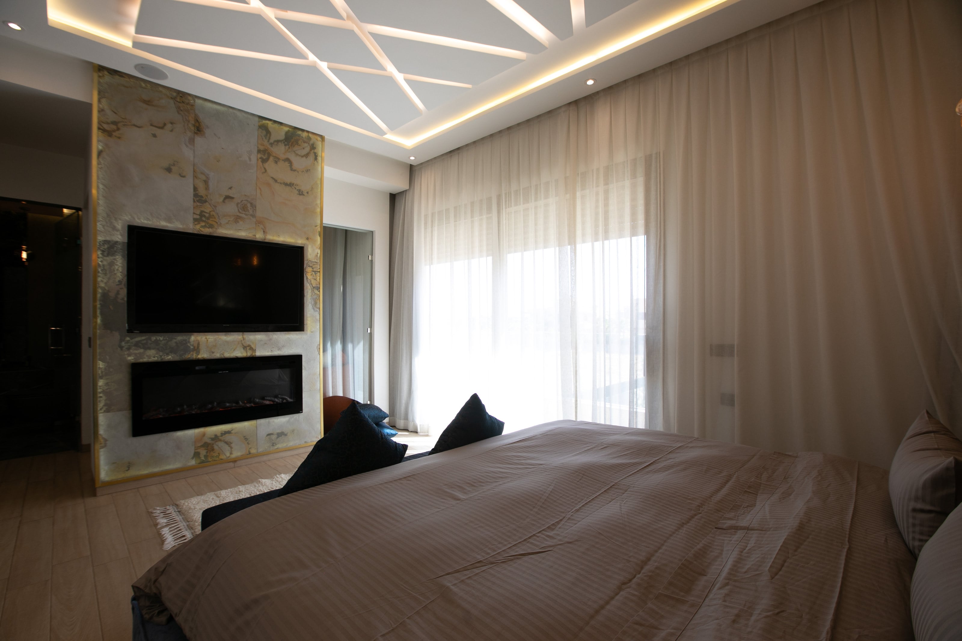 The fireplace in the master suite