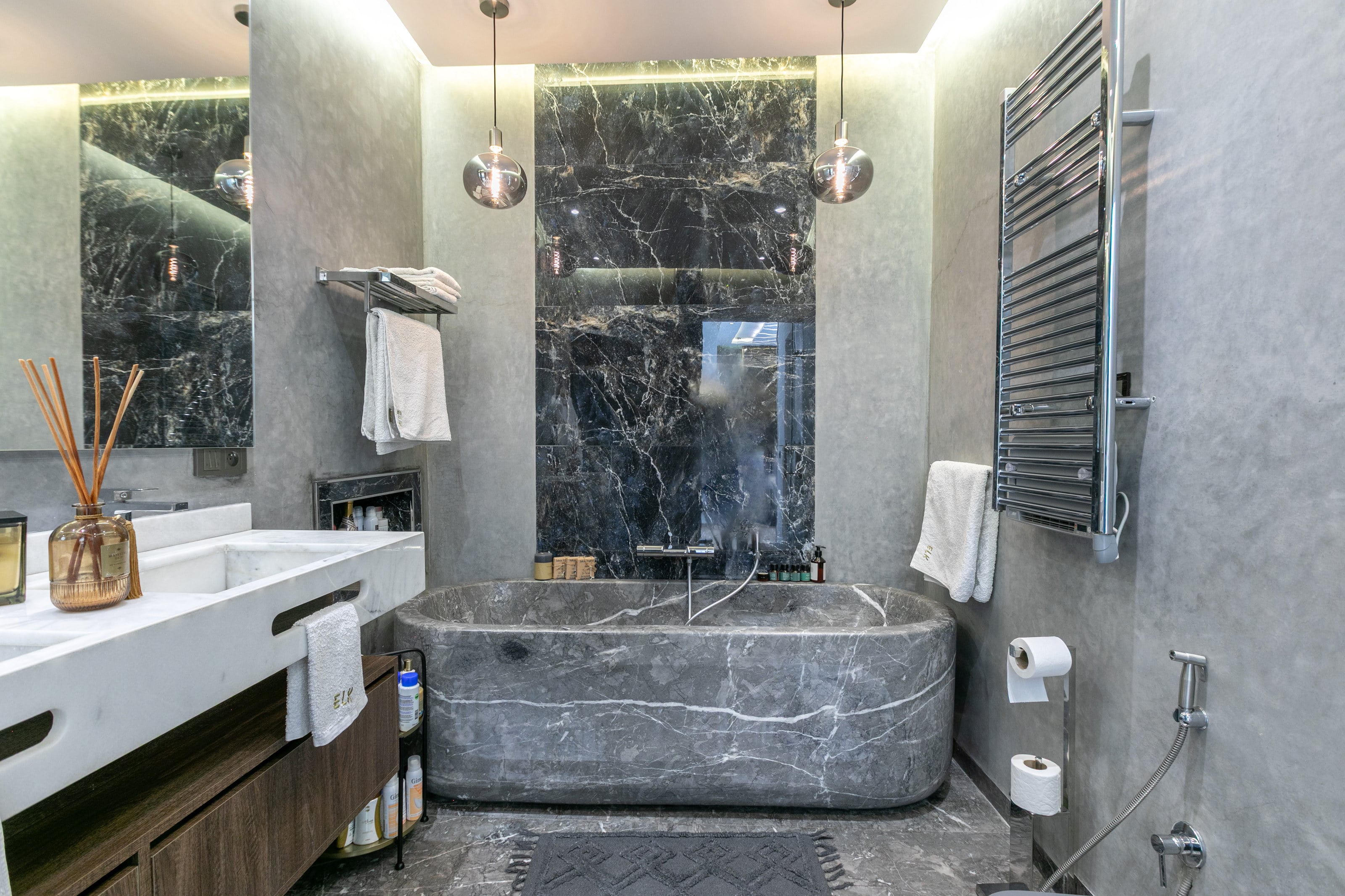 The marble bathtub in the master suite
