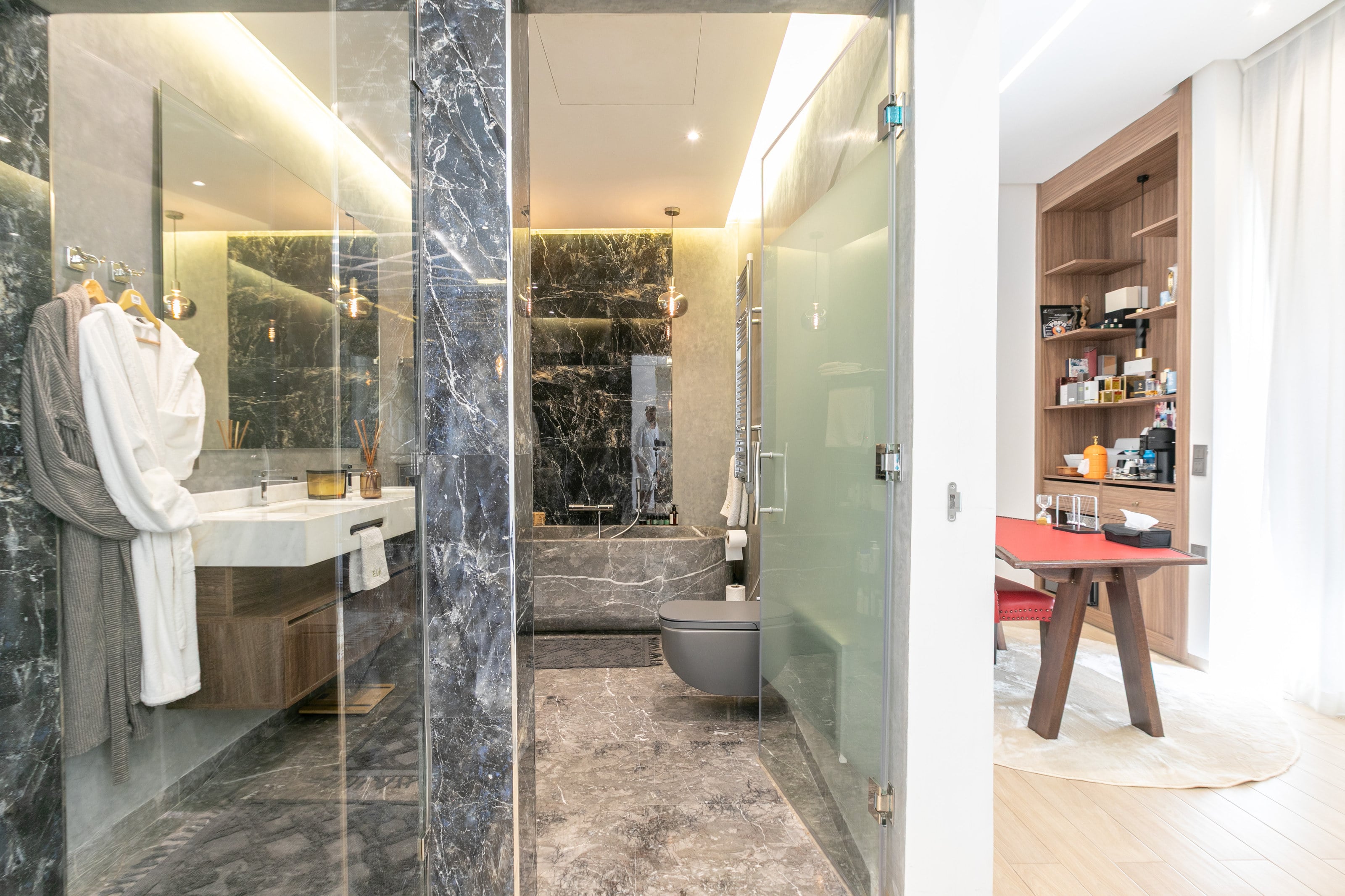 The walk-in shower in the master suite
