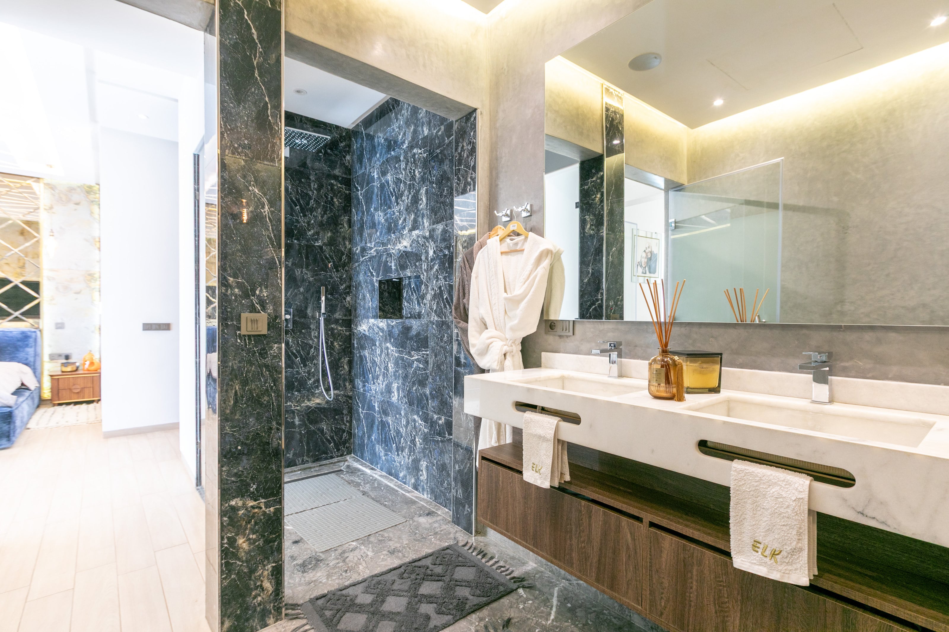 The walk-in shower in the master suite
