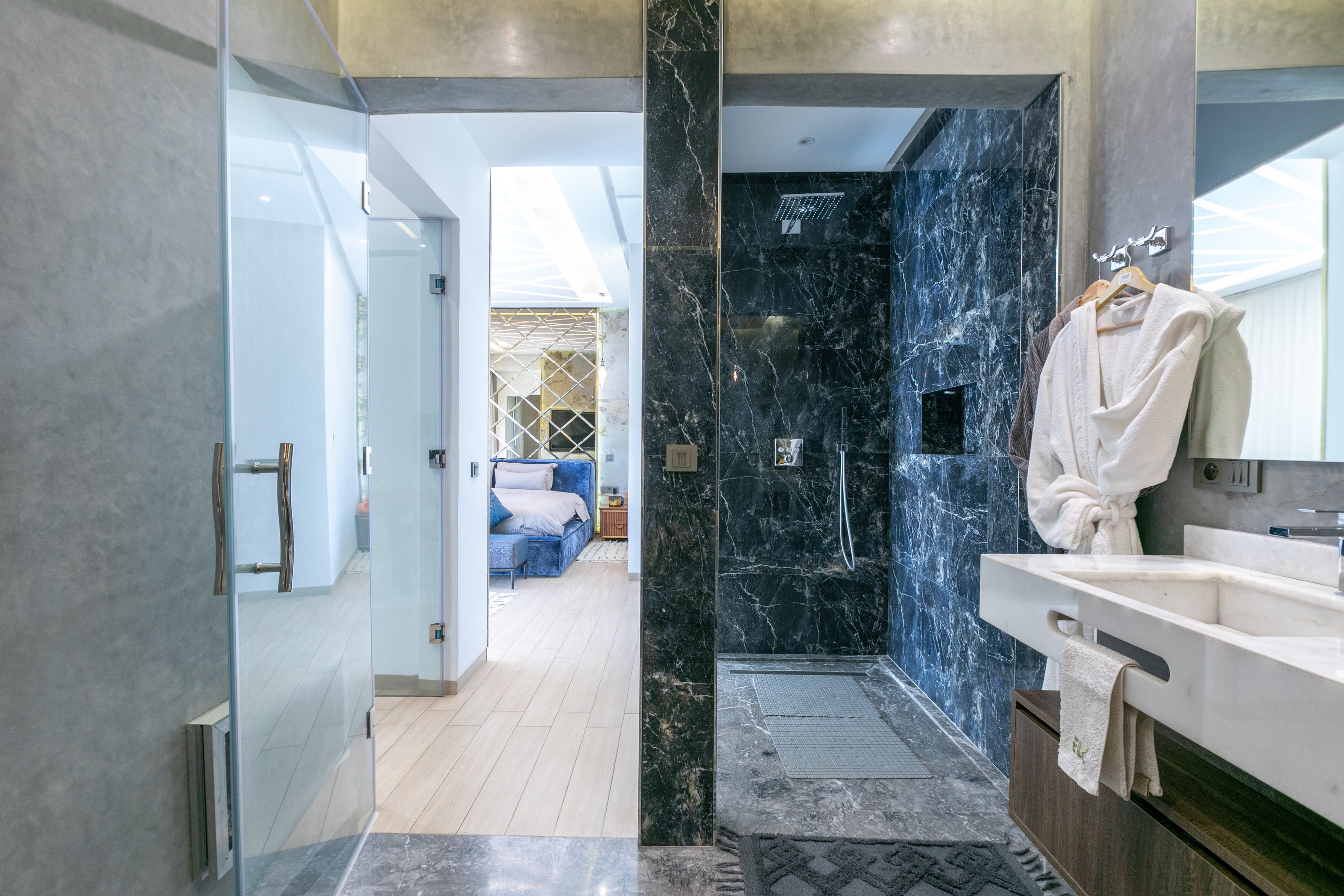 The walk-in shower in the master suite